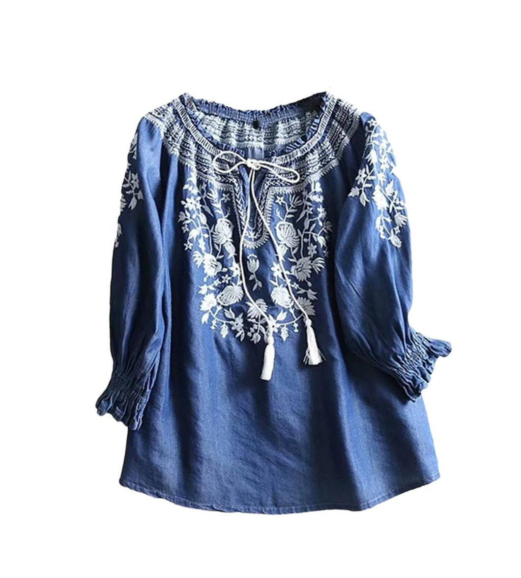 Umgee Size Medium embroidered Denim Womens blouse